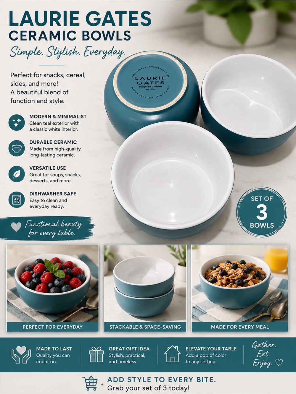 Laurie Gates Teal Ceramic small Bowls - Set of 3